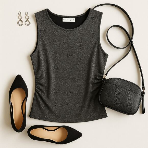 Rebecca Minkoff Shimmer Sleeveless Top Black Ruched Sparkle Evening L - Picture 2 of 10